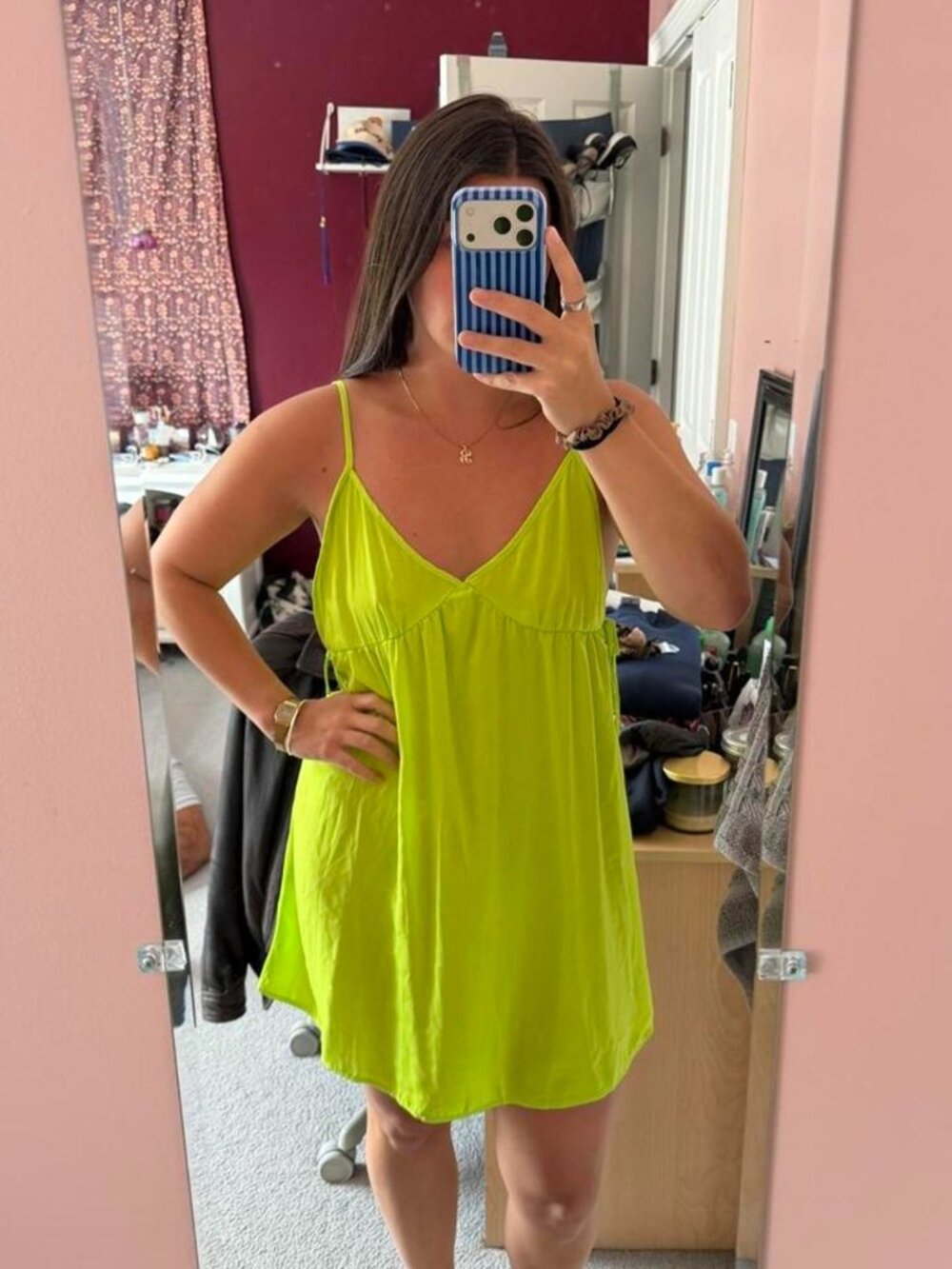 H&M Women's Green and Yellow Babydoll-dresses